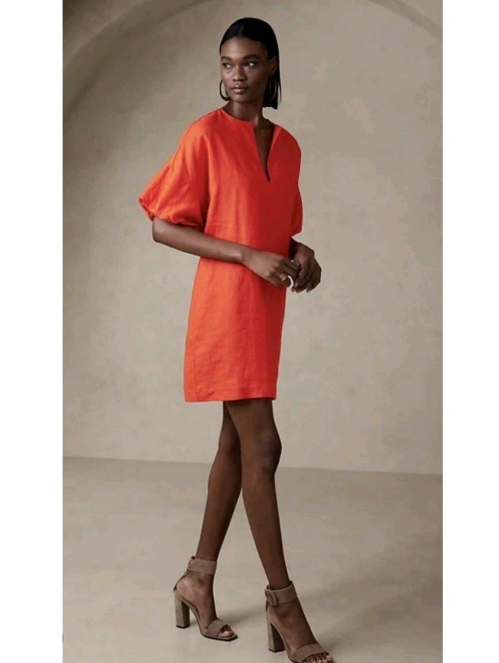 Banana Republic Bright Orange Puff-Sleeve Shift Dress Colette Linen Dress